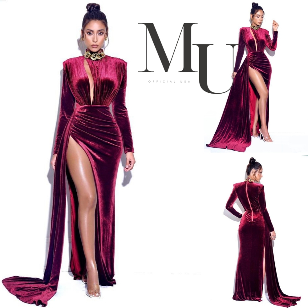 Zenaida Burgundy Cutout High Slit Velvet Gown